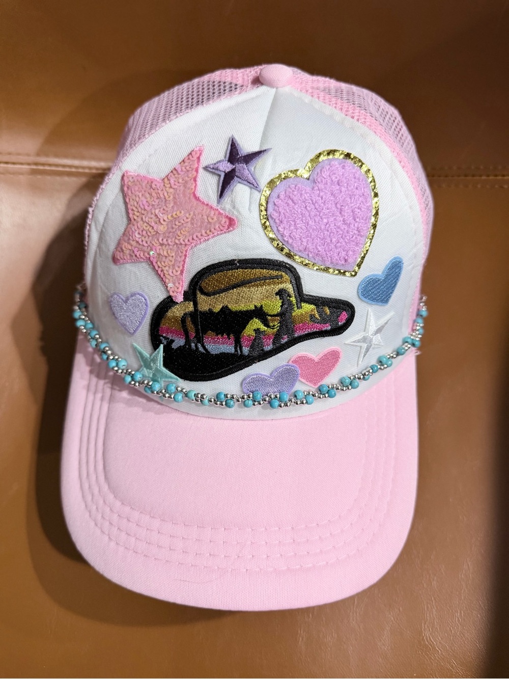 Pink Embellished Trucker Hat with Heart & Star Patches
